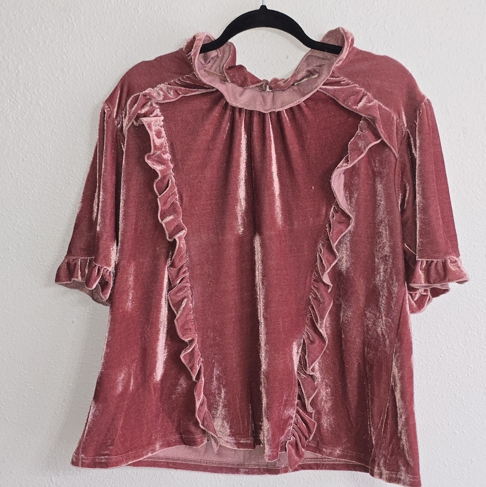 POL Velvet Ruffle Mock Neck Blouse - Rose Boho Size S Oversized